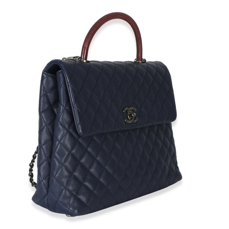 Chanel Navy Quilted Caviar Lizard Large Coco Top Handle Bag Blue Exotic; Leather Handbag