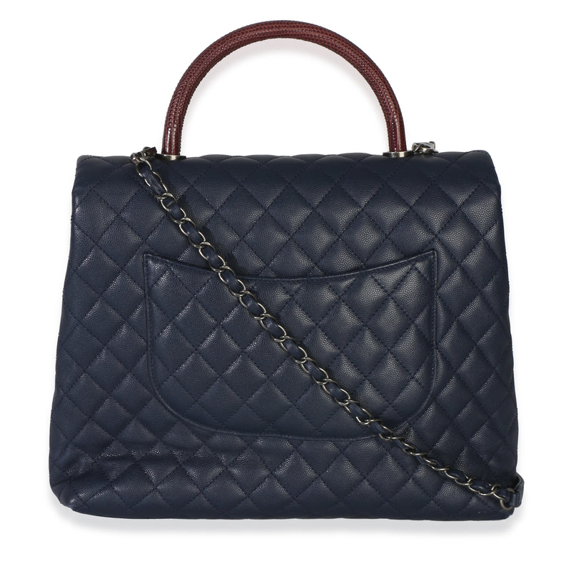 Chanel Navy Quilted Caviar Lizard Large Coco Top Handle Bag Blue Exotic; Leather Handbag