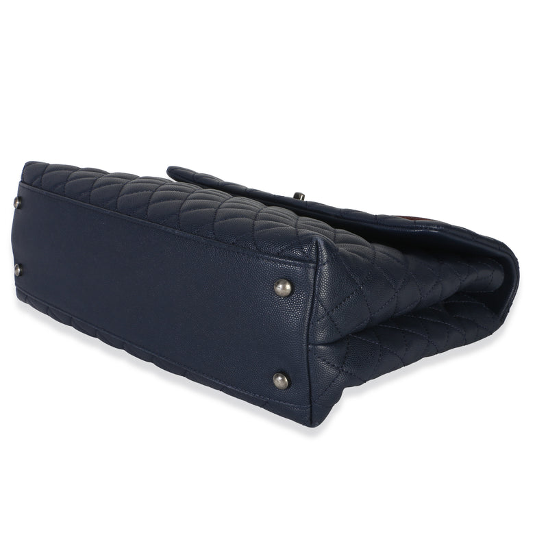 Chanel Navy Quilted Caviar Lizard Large Coco Top Handle Bag Blue Exotic; Leather Handbag