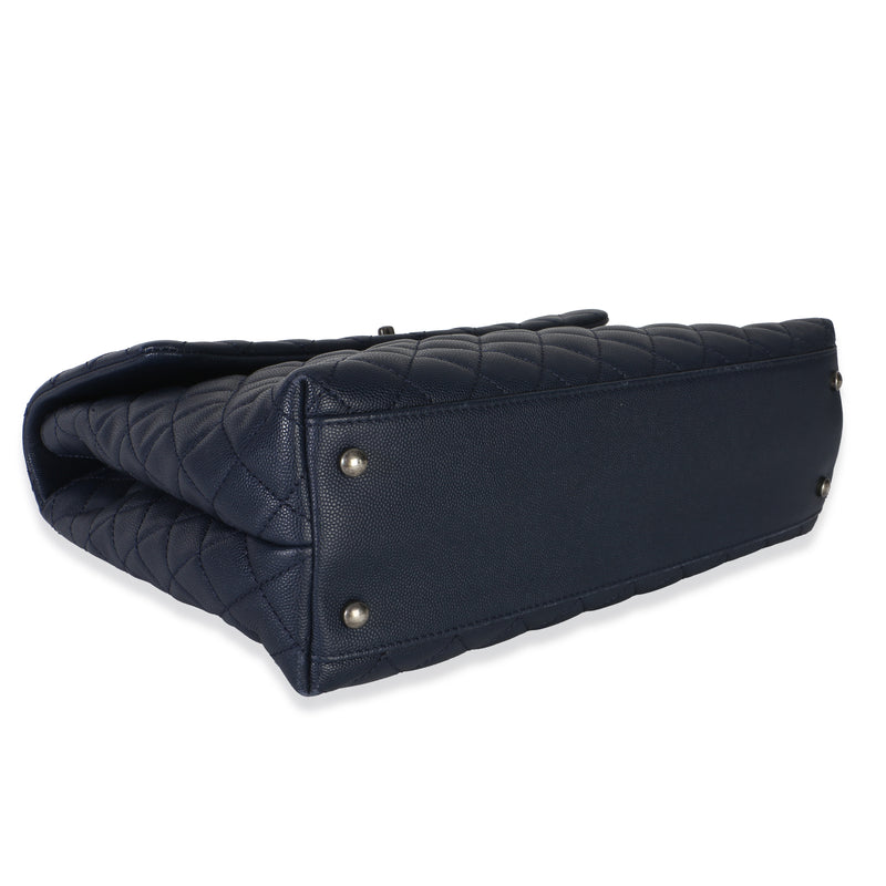Chanel Navy Quilted Caviar Lizard Large Coco Top Handle Bag Blue Exotic; Leather Handbag