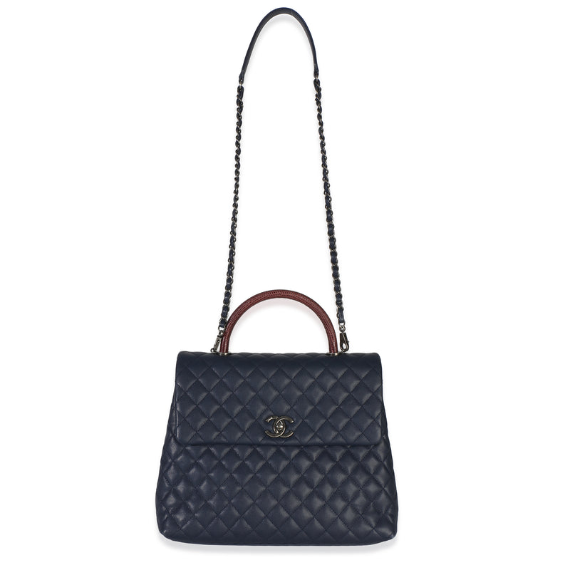 Chanel Navy Quilted Caviar Lizard Large Coco Top Handle Bag Blue Exotic; Leather Handbag