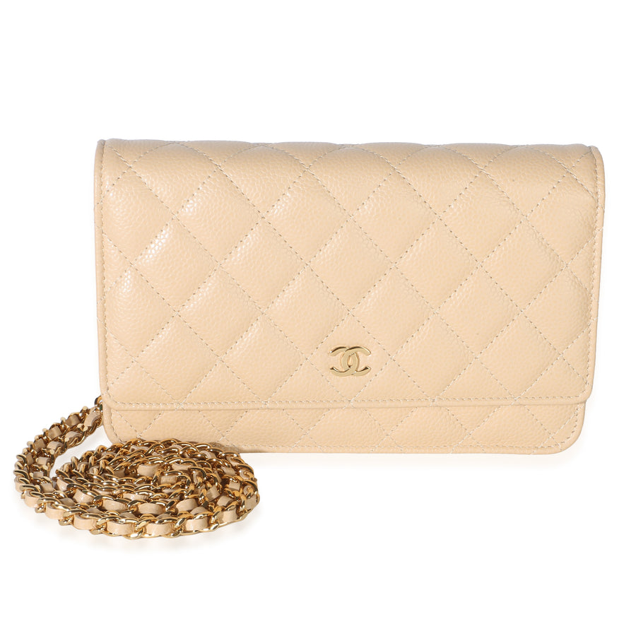 Chanel Beige Quilted Caviar Classic Wallet On Chain Leather Handbag