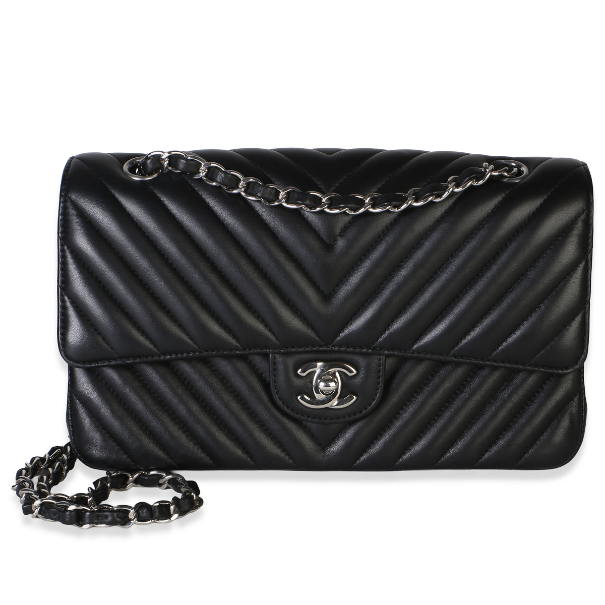 Chanel Black Chevron Lambskin Medium Classic Double Flap Bag Leather